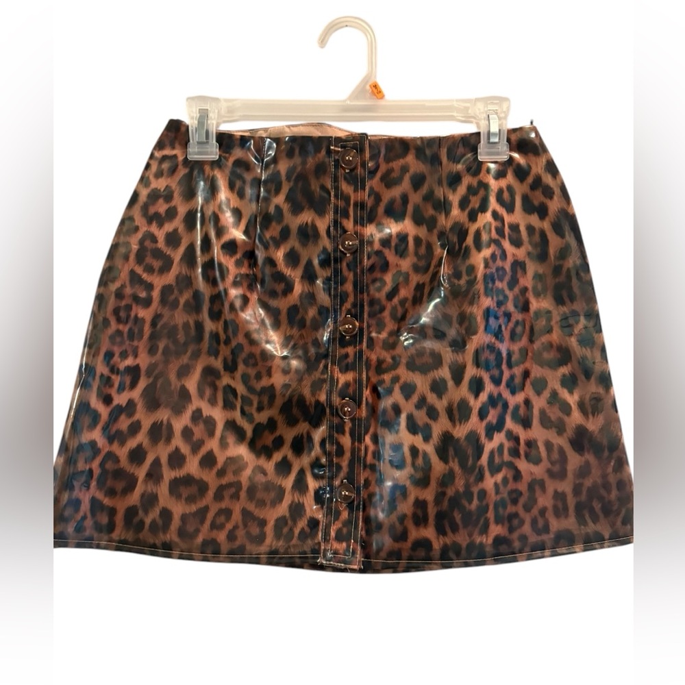 Lulus Trouble Maker Leopard Print Vinyl Mini Skirt size small